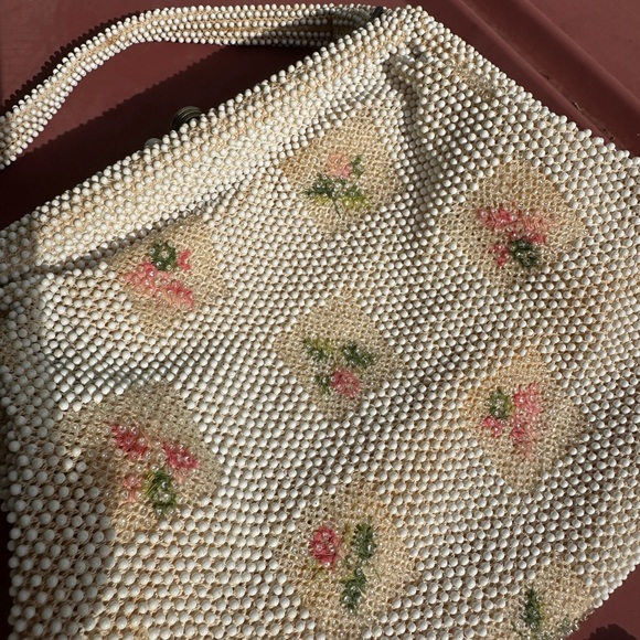 Vintage 1950’s Lumured Corde Petite Beaded Evening Purse IvoryFloral Embroidered - Picture 2 of 6